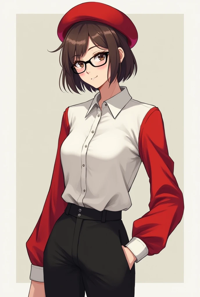 Female character with short brown hair wearing a red hat, a long-sleeved white blouse with red sleeves, long black pants, and black glasses 