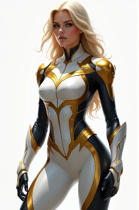 ((melhor qualidade)), ((obra de arte)), (detalhado) female, superhero suit, White with gold and black, fullbody