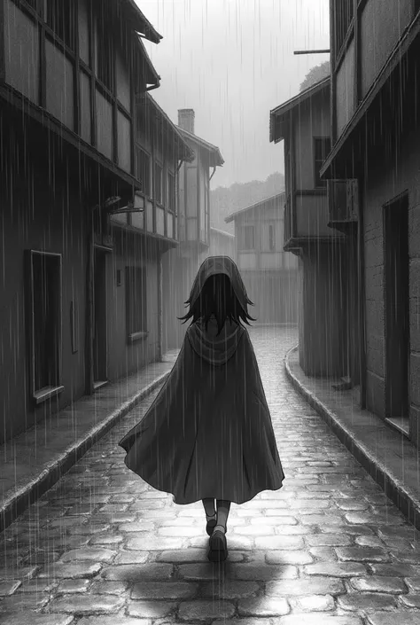 pencil rough sketch of Megumin walking down the medieval street in a dark rain storm