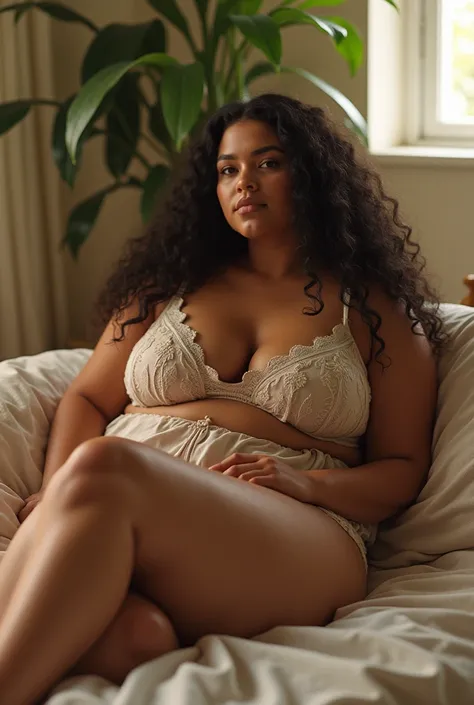 (photorealism:1.2), beautiful woman, plump and curvy body, sitting on bed, wearing no clothes , long curly hair, indoors, soft lighting, plants in background, window with sunlight, cozy room, relaxed pose, realistic, intricate details, warm colors, by Greg...