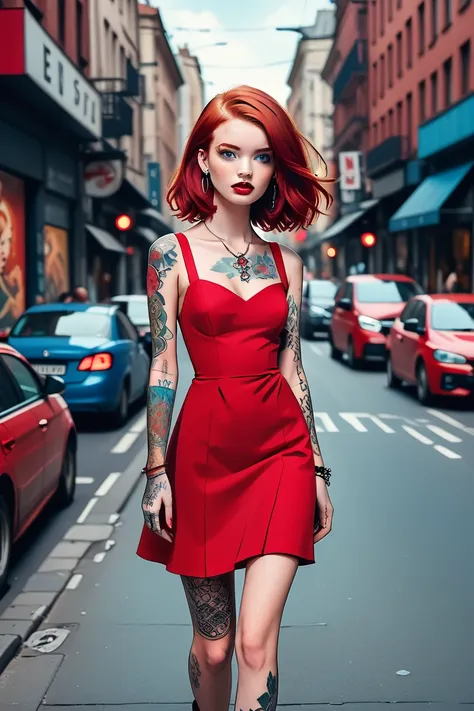 redhead model with tattoos wearing a short red dress with blue eyes on a realistic busy street