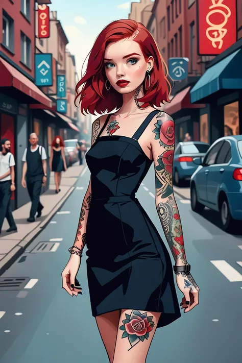 redhead model with tattoos wearing a short red dress with blue eyes on a realistic busy street