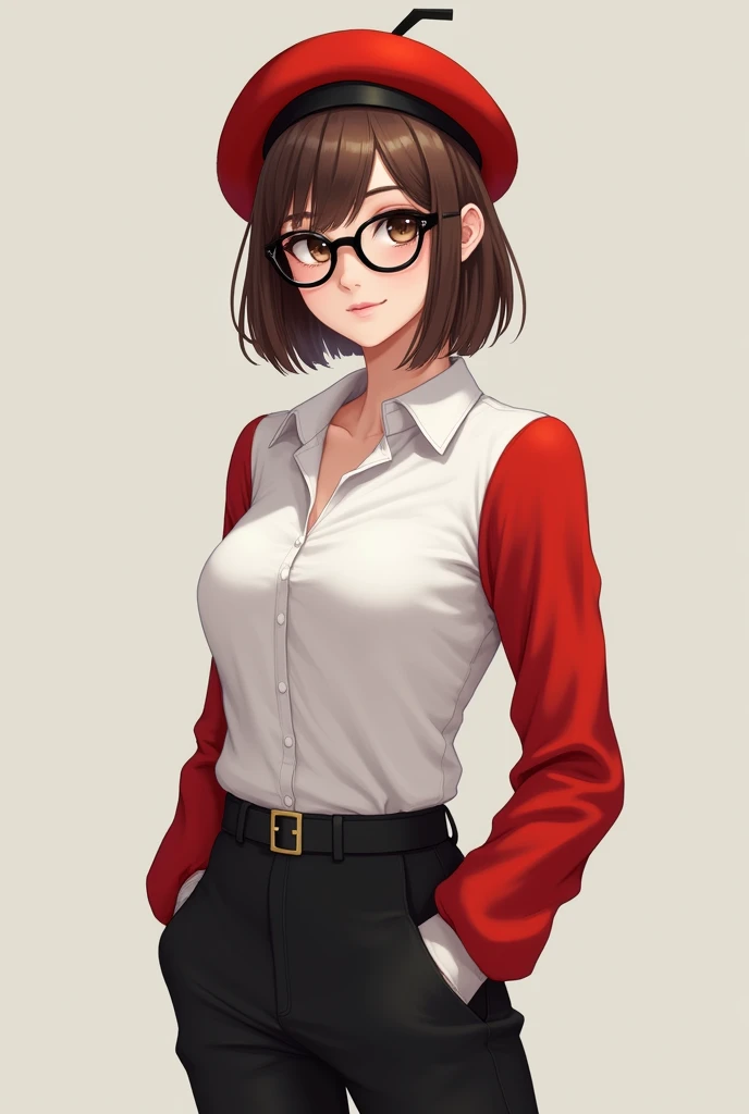 Female character with short brown hair wearing a red hat, a long-sleeved white blouse with red sleeves, long black pants, and black glasses 