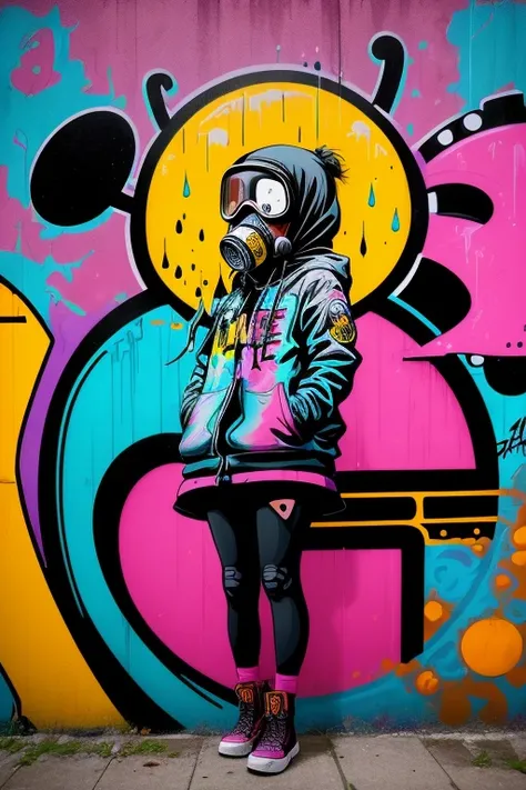 {Artistic digital painting} A graffiti comic in the style of Banksy and street art. The composition features a girl in a gas mask standing near a dripping bold outlined thought bubble that says "Hope". She is surrounded by colorful stylized bubble letters ...