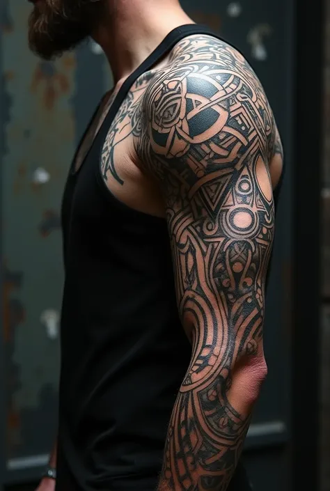 super detailed cyber tribal black work tattoo style