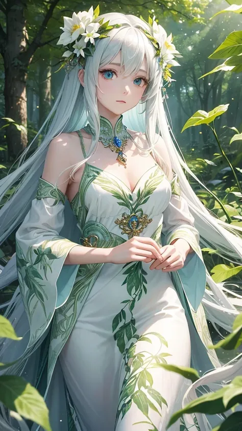 "Create a digital anime style illustration of a beautiful forest goddess。, Flowing white hair. She should wear a detailed all-over white dress decorated with leaf and floral patterns., Perfect for a fantasy theme. Transparent woman.The dress design does no...