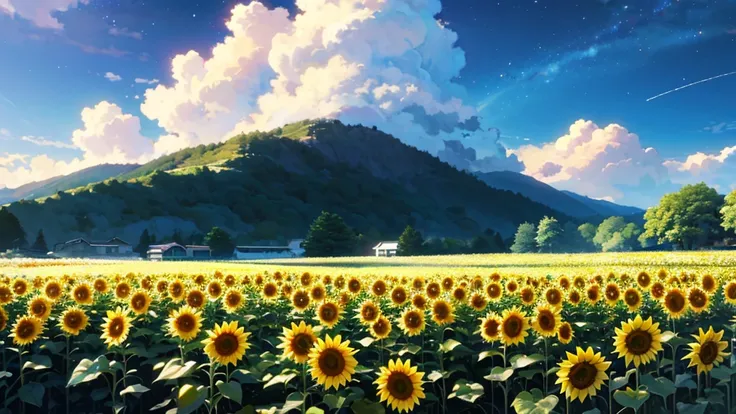 (masterpiece:1.4), (Highest quality:1.4), Very detailed, Complex, Super detailed, night、Starry Sky、Sunflower field、4K、8k