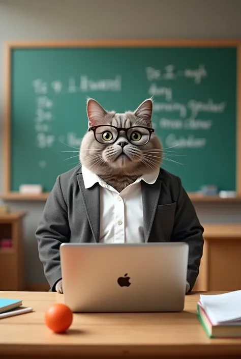 Take a picture of Pusheen as a nice young German teacher , with an electro smart board in the background and on the desk a silver MacBook pro silver as well as a small colored ball and studnt