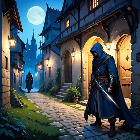 Medieval Europe，at night，An assassin in night clothes，Lurking behind a noble man。Mid-ground composition，Game illustration style。