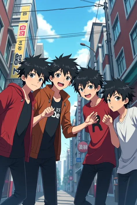 4 friend squad in anime with black hair (all boys in their)