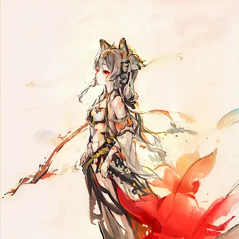 ((4K, masterpiece, best quality)), ink painting, traditional Chinese ink painting, lotus, han dress, maxi kit, modest outfit single girl, solo, gray hair, long hair, fox ears, Caucasian, Bikini, Fish, lots of fish nearby, Look at the beholder, Tease