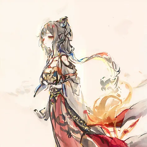 ((4K, masterpiece, best quality)), ink painting, traditional Chinese ink painting, lotus, han dress, maxi kit, modest outfit single girl, solo, gray hair, long hair, fox ears, Caucasian, Bikini, Fish, lots of fish nearby, Look at the beholder, Tease