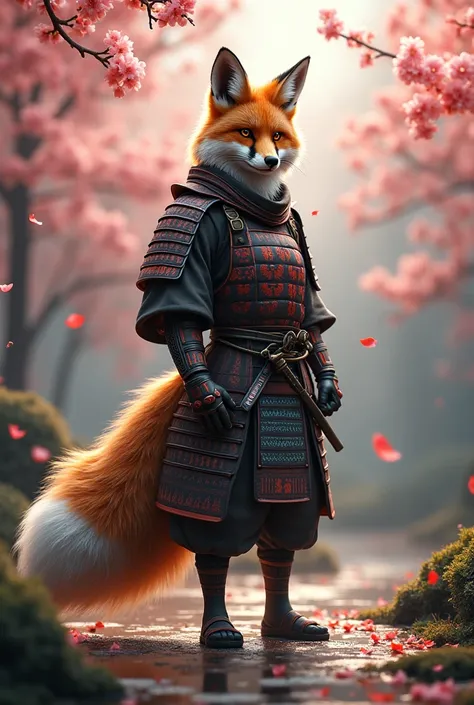 Samurai Fox Hybrid: Create an image of a samurai with the agile, bushy-tailed body of a fox. The samurai wears traditional armor with the fox’s fur blending into the clothing. The scene is set in a serene Japanese garden, with cherry blossoms in the backgr...