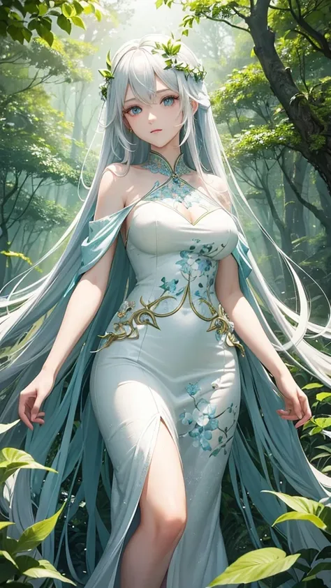 "Create a digital anime style illustration of a beautiful forest goddess。, Flowing white hair. She should wear a detailed all-over white dress decorated with leaf and floral patterns., Perfect for a fantasy theme. A glamorous woman with a clear look.The dr...