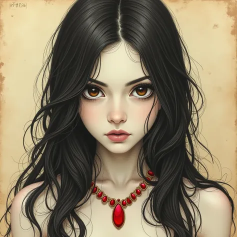 A pencil drawing of a captivating female face with long, dark hair. She has deep-set, dark brown eyes and wears a red necklace. The background is a beige wall with a few holes. The overall image has a vintage feel.