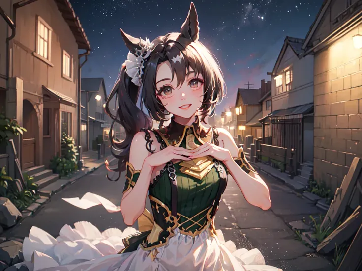 Masterpiece, high quality, 4K, HDR、Chest centered。Cool horse ears beauty、smile、looking at the camera。Brown Eyes、Pink Lipstick、Glamorous Body。Red glasses、Shoulder less、Casual clothes。Bend your knees、Place your hands on your chest and waist。Night starry sky、...