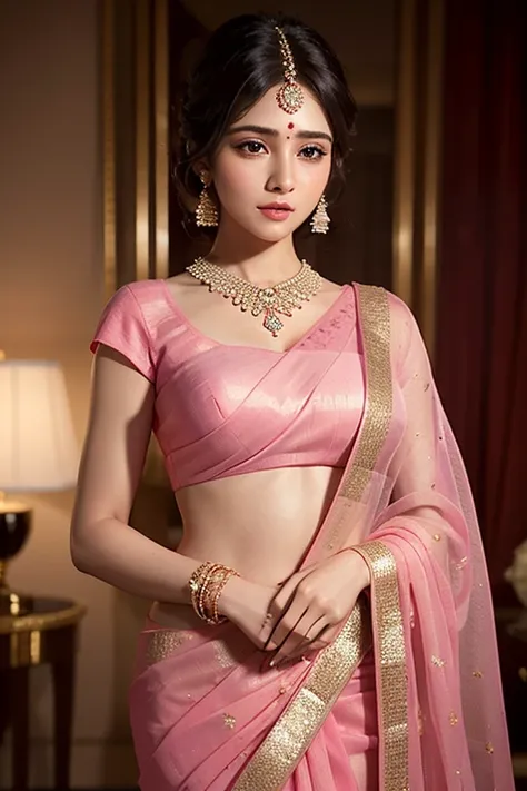 A gorgeous woman wearing an elegant pink saree, looking shyly at the viewer, detailed face, long eyelashes, beautiful eyes, detailed lips, intricate saree patterns, luxurious jewelry, soft lighting, photorealistic, highly detailed, 4k, cinematic compositio...