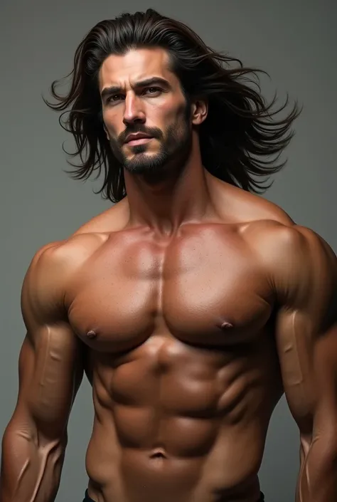 Shirtless man, with hair, with an athletic body