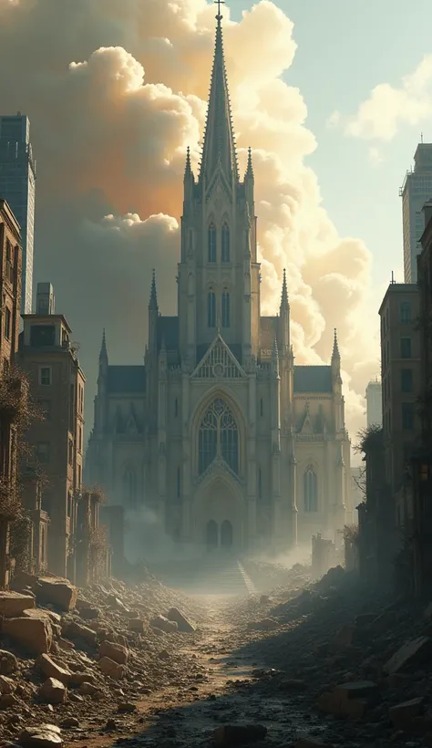 bomb destroying city, everything is destroyed, but only one cathedral is standing