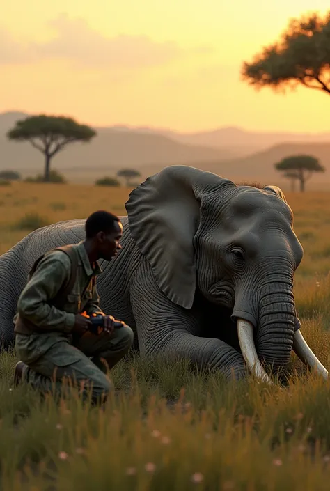 An elephant lies on the ground sleeping while a dark-skinned poacher removes its tusks or ivory with an electric saw in the African savannah