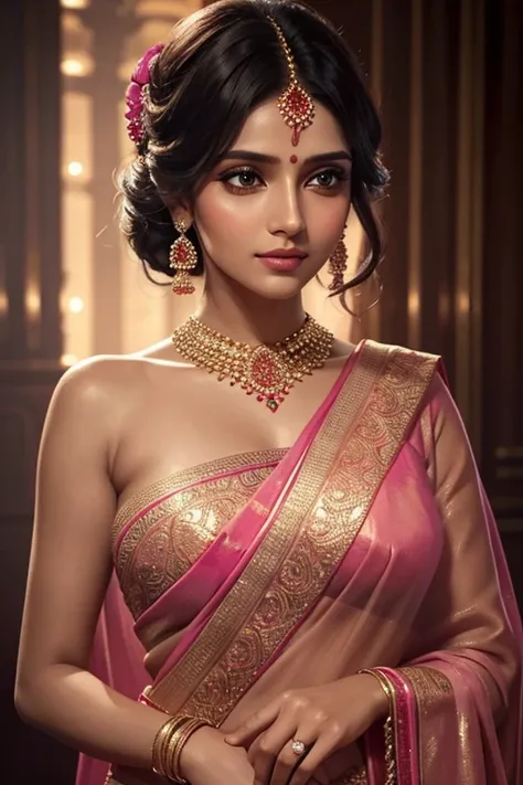 A gorgeous woman wearing an elegant pink saree, looking shyly at the viewer, detailed face, long eyelashes, beautiful eyes, detailed lips, intricate saree patterns, luxurious jewelry, soft lighting, photorealistic, highly detailed, 4k, cinematic compositio...