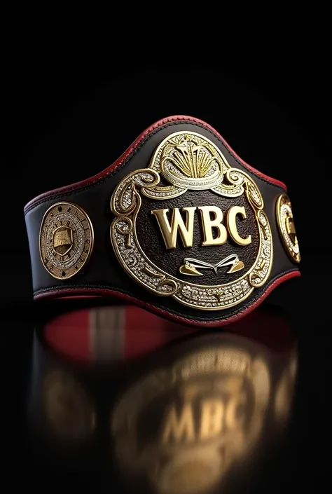 a champion boxing belt with the text "WBC" on a black background, gold and silver metal textures, high quality, detailed, hyperrealistic, photorealistic, intricate details, studio lighting, 8k, masterpiece