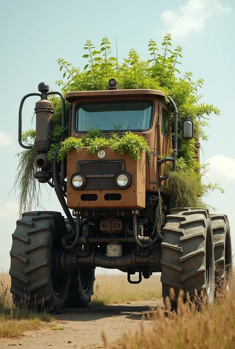 A robot car that can harvest and grow plants at the same time is big and looks old.