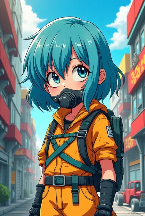 prompt: drawing style like Akira Toriyama in Metal slug Arale , small woman futuristic environment like a character in the world of dragon ball hair like Bulma&#39;s , gas or oxygen mask over the mouth and nose 