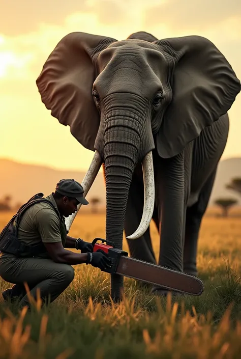 An elephant lies on the ground sleeping while a dark-skinned poacher removes its tusks or ivory with an electric saw in the African savannah