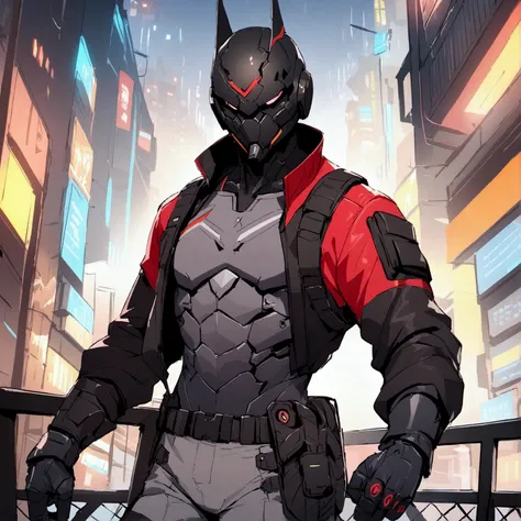 high detailed, Male, full-face helmet. matte black helmet with a smooth, curved surface, plain helmet, grey bodysuit tight shirt. webbing rig, grey cargo pants, V shaped lenses. Black Jacket, Black and red jacket, Open jacket. Halfbody view, mercenary, bla...