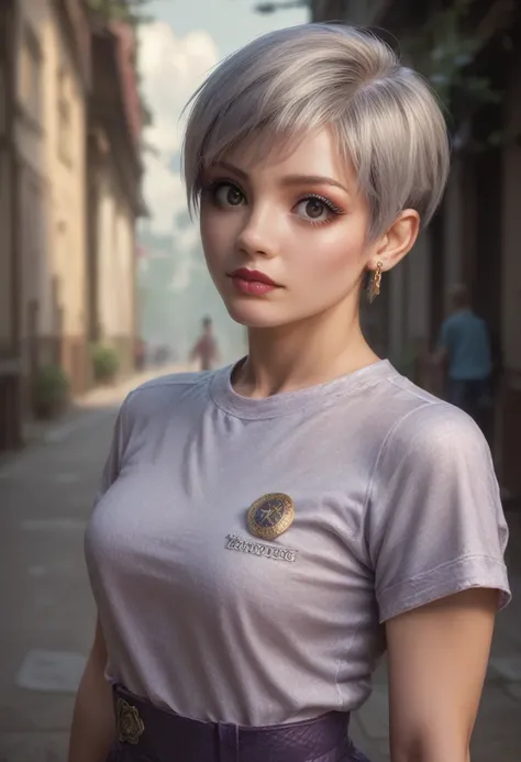 (best quality, masterpiece), 1girl, beautiful girl, brown_eyes, ((hair color [silver hair], [pixie cut with bangs] hair)), earri...