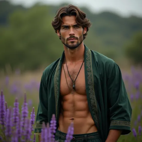 Envision a photograph of a male model standing in a field of lush purple flowers, inspired by the soft, poetic aesthetic of photographers like Bruce Weber or Herb Ritts, who often captured the intersection of nature and human form with a sensual, dreamlike...