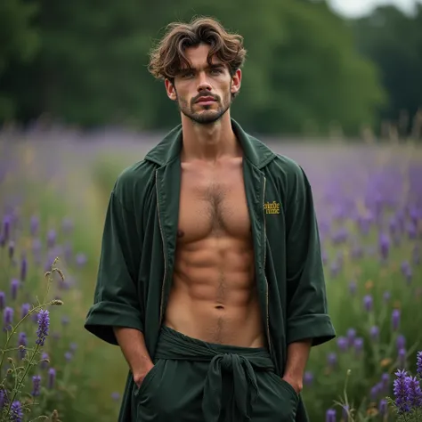 Envision a photograph of a male model standing in a field of lush purple flowers, inspired by the soft, poetic aesthetic of photographers like Bruce Weber or Herb Ritts, who often captured the intersection of nature and human form with a sensual, dreamlike...