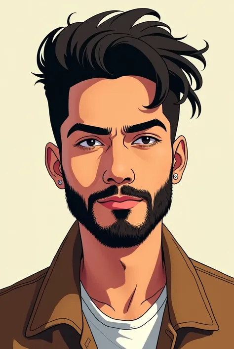 Create an anime-type cartoon of the singer Sebastian Yatra, the Colombian singer, that has a little more of his physical features that looks a little more like him, but less exaggerated, put the beard on him that he has 



