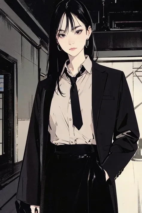 Black Hair、Cold look:1.5、Japanese woman in her 30s、Dark Background、One Cool Lady:1.5、night、whole photo、Dark Eyes、Black gloves、Ominous Machine Lifeform、Nihil、Half of his body is made of machinery、Mechanical Man:1.5、shirt、tie、Earrings、skirt、neutral。Mysteriou...