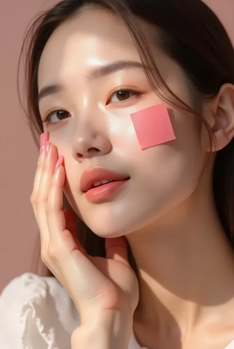 An image of an innovative makeup product, where the blush is a thin, square sheet of paper. It shows a woman applying paper blush to her face.. She tears off a piece of the blush sheet, He places it on his cheek and sprays it with water., which makes the b...