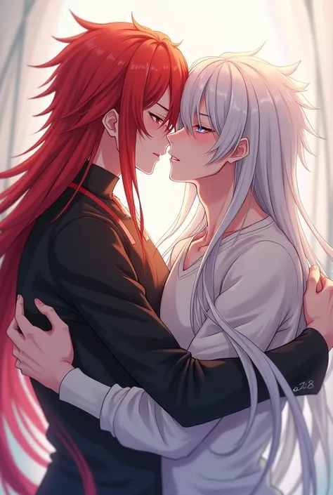 Two mens Gay anime long red haired man kissing long white haired man, sex  