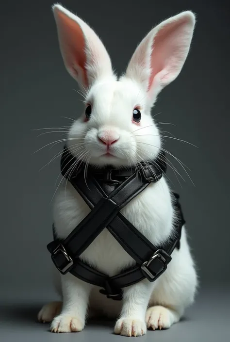 Realistic photo of a white bunny from the figures of ( silverian families) dressed in black sadomasochistic straps 