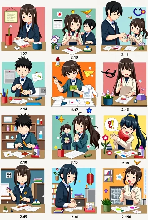 that different images of the anime fundamental paper education appear, one next to the other and each one has a number, Let there be 9 different images and put a number on each one of them