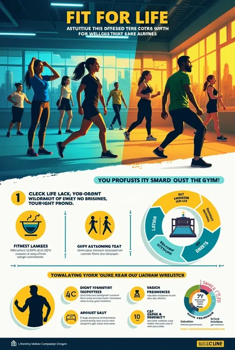 generate a campaign photo infographic for FIT FOR LIFE the color is blue, yellow, green and orange it should the background is gym the language use is English 