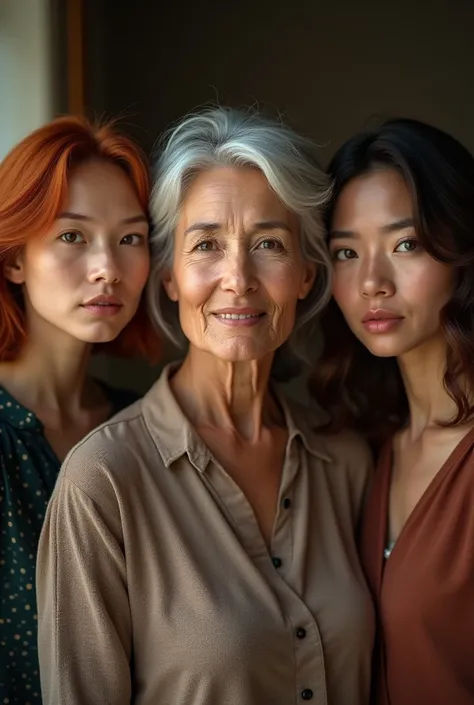 a 60 year old White woman, with three 50 year old daughters, one 50 year old Asian, one 50 year old American redhead, and one American brunette, detailed faces, realistic, high quality, masterpiece, photorealistic, hyper detailed, cinematic, dramatic light...