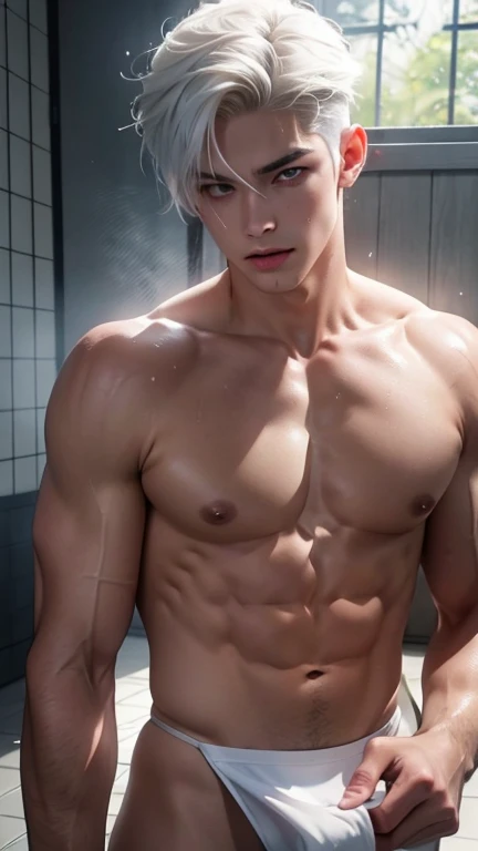 A young boy with white hair，fair skin，handsome，The triangle briefs are wet, so I took half of them off.，裸上半身Soaked in milk，Showing six-pack abs and chest muscles with water droplets on them，Soaked in milk，纖細長腿Soaked in milk，The bottom highlight is very lar...