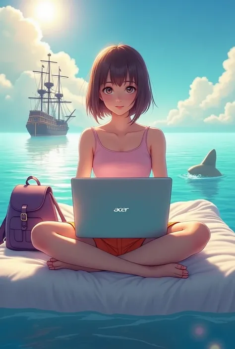 Realistic woman, sitting on bed, floating in the ocean, playing Acer laptop, acer logo on laptop, wearing pink top, orange short, purple bag pack , short bang brown hair, pirate ship and shark in background, sunlight, realistic, intricate details