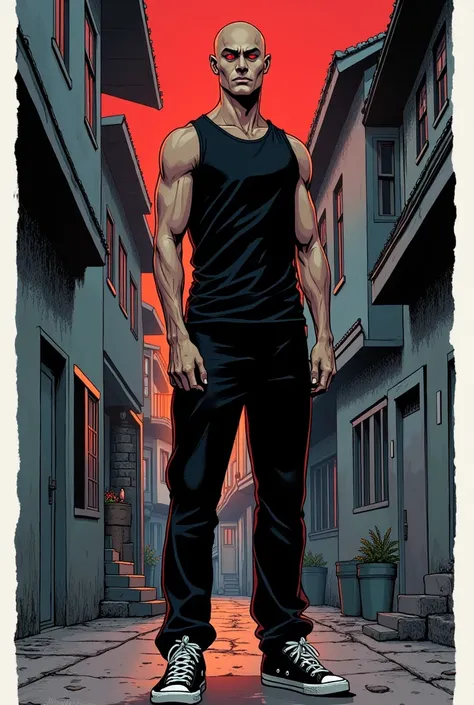 Manhwa comic page with multiple scenes, HQS, sleeved, kor: 22 years Appearance: tall and slim, but surprisingly strong, has his head shaved, without even a strand of hair.enhances your intense red eyes, that seem to penetrate the soul of those who look at ...