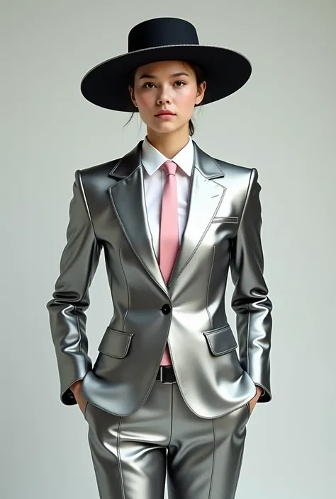 A full-body person in a lead-silver suit, black hat with lead trim, baby pink tie and white shirt