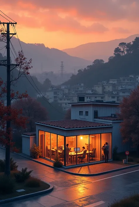 Small Graphic design office in city street ,with grenaey hill background, orange evening sky rainy water on road