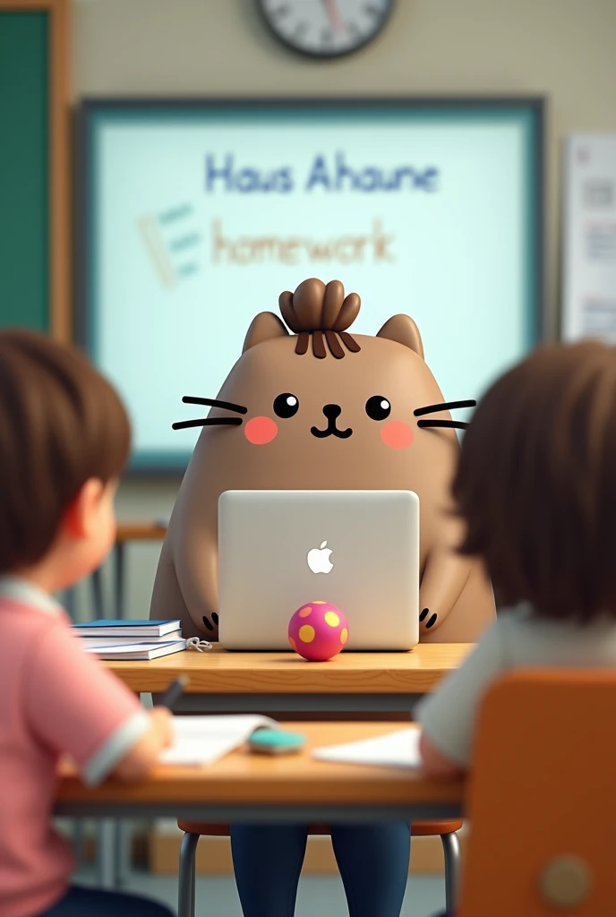 Create an image of a young female teacher as the character Pusheen sitting in a B2 German language class. She is sitting at her desk with a silver MacBook, a few books, and a medium colorful ball on the desk. Behind her is an interactive smartboard with so...