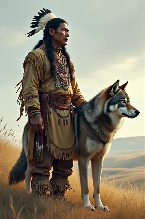 Sioux Indian with his large gray wolf on a prairie hilltop 