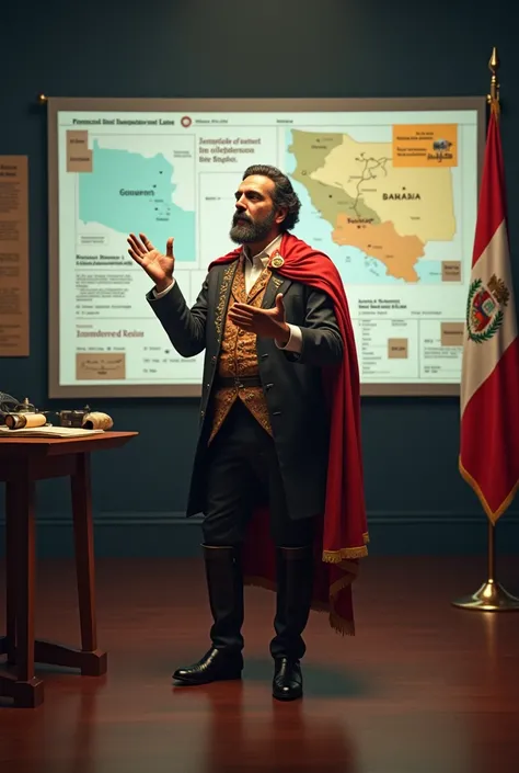 It is in a studio that combines historical elements with current technology.: Behind him, You see a large screen with graphics, Maps and flags of Peru illustrating the independence of the north. San Martin is in the middle of a passionate explanation, with...