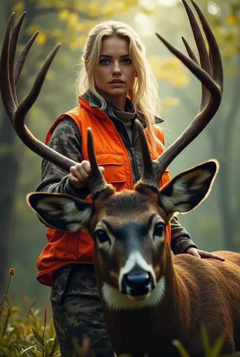 Make a blonde woman in a camouflage and hunting orange looking at her 15 point buck she killed